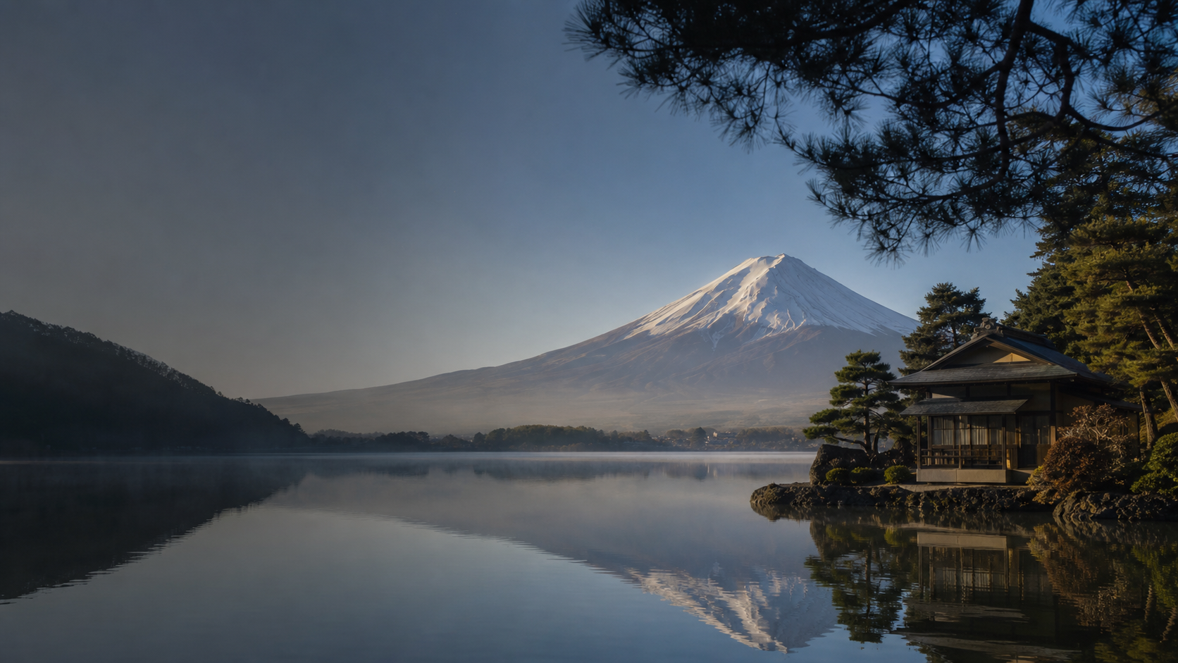 Mount Fuji across a calm lake beside a traditional Japanese pavilion